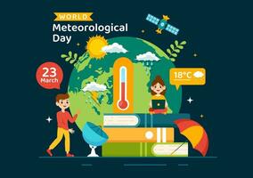 mundo meteorológico día vector ilustración en 23 marzo con tierra mapa, meteorología Ciencias y investigando clima en plano niños dibujos animados antecedentes
