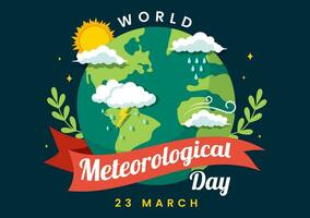 mundo meteorológico día vector ilustración en 23 marzo con tierra mapa, meteorología Ciencias y investigando clima en plano dibujos animados antecedentes