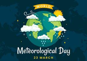 mundo meteorológico día vector ilustración en 23 marzo con tierra mapa, meteorología Ciencias y investigando clima en plano dibujos animados antecedentes