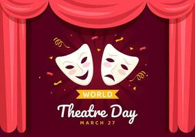 World Theatre Day Vector Illustration on March 27 with Mask and Red Curtains to Preserve Performing Arts and Entertainment in Flat Cartoon Background