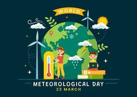 mundo meteorológico día vector ilustración en 23 marzo con tierra mapa, meteorología Ciencias y investigando clima en plano niños dibujos animados antecedentes