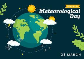 mundo meteorológico día vector ilustración en 23 marzo con tierra mapa, meteorología Ciencias y investigando clima en plano dibujos animados antecedentes