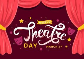 World Theatre Day Vector Illustration on March 27 with Mask and Red Curtains to Preserve Performing Arts and Entertainment in Flat Cartoon Background