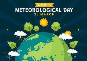 mundo meteorológico día vector ilustración en 23 marzo con tierra mapa, meteorología Ciencias y investigando clima en plano dibujos animados antecedentes