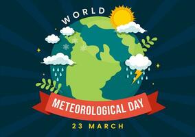 mundo meteorológico día vector ilustración en 23 marzo con tierra mapa, meteorología Ciencias y investigando clima en plano dibujos animados antecedentes