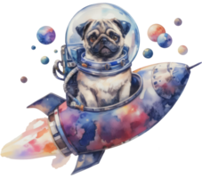 ai genererad en mops astronaut självsäkert styrning en färgrik rymdskepp. png