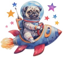 AI generated A pug astronaut confidently steering a colorful spaceship. png