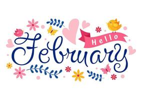 Hola febrero mes vector ilustración con flores, corazones, hojas y linda letras para decoración antecedentes en plano dibujos animados plantillas