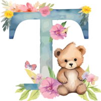 AI generated Floral alphabet, letter T with watercolor flowers and cute animal. Monogram initials perfectly for wedding invitations, greeting card, logo, poster and other design png