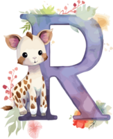 AI generated Floral alphabet, letter R with watercolor flowers and cute animal. Monogram initials perfectly for wedding invitations, greeting card, logo, poster and other design png