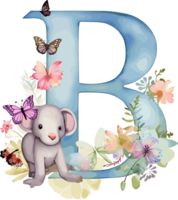 AI generated Floral alphabet, letter B with watercolor flowers and cute animal. Monogram initials perfectly for wedding invitations, greeting card, logo, poster and other design png