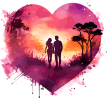 AI generated The couple holding hands in front of cinematic sunset with Heart Shape Couple Sublimation Design,  perfect on t shirts, mugs, signs, cards and much more png