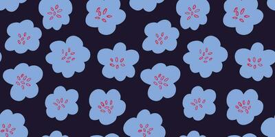 Simple vector seamless pattern with blue spring flowers on bkack. Ditsy flowers pattern