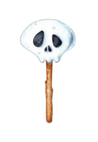 Watercolor illustration of a skull candy on a stick, a popular dessert during Halloween celebrations, isolated . Design concept for poster, card, banner, clothing, wallpaper, packaging png