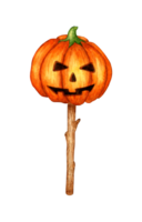 Watercolor illustration of an orange pumpkin-shaped candy on a stick, a popular dessert during Halloween celebrations, isolated. Design concept for poster, card, banner, clothing, wallpaper, packaging png