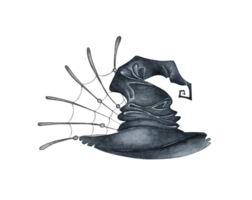vattenfärg illustration av svart häxa hatt med spindelnät för halloween fest dekoration isolerat. design begrepp för affisch, kort, baner, Kläder, tapet, omslag papper, förpackning, png