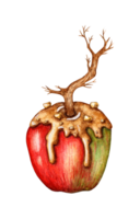 Watercolor illustration of a ripe caramel apple on a branch. Festive treat for Christmas New Year Halloween. Isolated. Hand drawn. Design concept for poster, card, banner, clothing, wallpaper, png