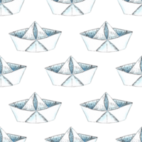 Watercolor illustration of origami paper boat pattern png