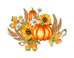 Watercolor illustration of two ripe orange pumpkins with sunflowers, daisies, wheat and maple leaves. Symbol of Thanksgiving or Halloween. Autumn season decoration. Garden harvesting concept. Isolated png