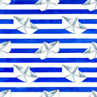 Watercolor illustration of origami paper boat pattern on blue striped background. png