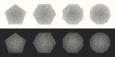 Clipart set of eight vector polygons in halftone style. Retro noisy elements, stipplism, in light and dark versions.