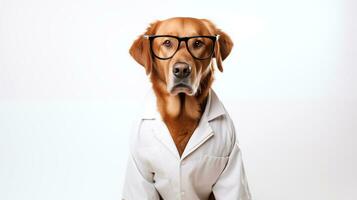 ai generado Labrador perdiguero en un blanco Saco y lentes en un blanco antecedentes. él perro es un doctor. gracioso perro en un médico atuendo de cerca con espacio para texto. foto