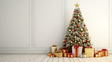 AI generated Big beautiful Christmas tree decorated with beautiful balls and gifts. Christmas tree with gift boxes in classic interior. Christmas tree with gifts in a white room. photo