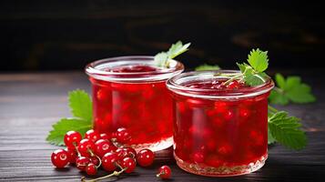 AI generated Redcurrant jam in a glass jar. Berry dessert on a wooden table. Compote of red currants on a wooden table. Two jars of red currant jam. photo