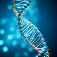 AI generated Close-up of DNA genome on blue. DNA strand on blue bokeh background. Biotechnology concept. photo