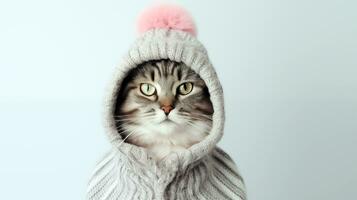 AI generated Cute cat wearing a warm hat on a blue background. Striped kitten in knitted jacket close up with space for text. Clothes for pets. photo