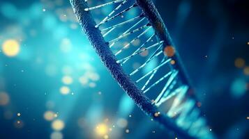 AI generated 3D rendering of a blue DNA molecule on a blue background with bokeh effect. photo