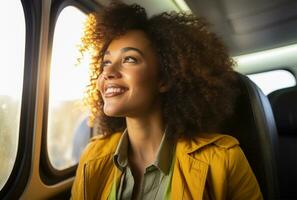 AI generated smiling african american woman looking away in airplane photo