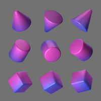 3d of violet-blue geometric shape set. Realistic glossy holographic geometric shapes isolated on grey background. Vector illustration.