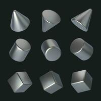 3d geometric shape set. Realistic silver geometric shapes isolated on black background. Vector illustration.