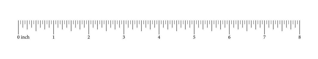 Ruler 8 inch scale. Horizontal measuring chart with markup und numbers. Length measurement math. Distance, height, sewing, work tool. Vector graphic template.