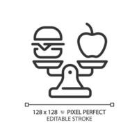 2D pixel perfect customizable black food on weight scale icon, isolated vector, thin line illustration representing comparisons. vector