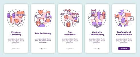 2D icons representing codependent relationship mobile app screen set. Walkthrough 5 steps multicolor graphic instructions with thin line icons concept, UI, UX, GUI template. vector