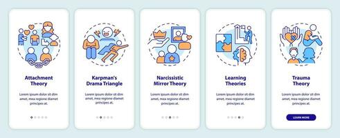 2D icons representing codependent relationship mobile app screen set. Walkthrough 5 steps multicolor graphic instructions with line icons concept, UI, UX, GUI template. vector