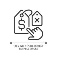 2D pixel perfect customizable black hand choosing label icon, isolated vector, thin line illustration representing comparisons. vector