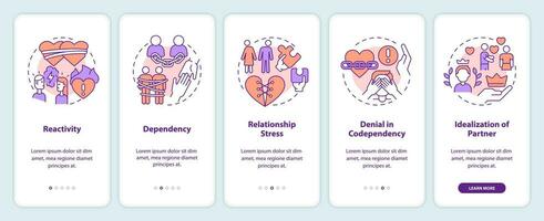 2D icons representing codependent relationship mobile app screen set. Walkthrough 5 steps colorful graphic instructions with thin line icons concept, UI, UX, GUI template. vector