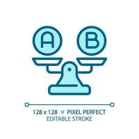 2D pixel perfect editable blue A and B on weight scale icon, isolated vector, thin line illustration representing comparisons. vector