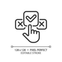 2D pixel perfect customizable black clicking on check mark icon, isolated vector, thin line illustration representing comparisons. vector