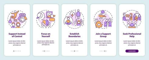 2D icons representing codependent relationship mobile app screen set. Walkthrough 5 steps colorful graphic instructions with line icons concept, UI, UX, GUI template. vector