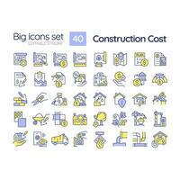 2D editable multicolor big line icons set representing construction cost, isolated vector, linear illustration. vector