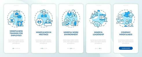 2D icons representing mindful entrepreneurship mobile app screen set. Walkthrough 5 steps blue graphic instructions with thin line icons concept, UI, UX, GUI template. vector