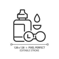 2D pixel perfect editable black contact lens solution icon, isolated simple vector, thin line illustration representing eye care. vector