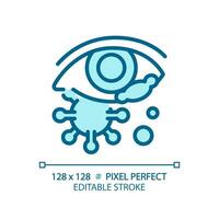 2D pixel perfect editable blue eye infection icon, isolated monochromatic vector, thin line illustration representing eye care. vector