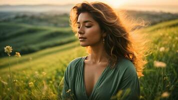 ai generado hermosa mujer en verde vestido, pacífico rostro en el práctica de atención plena entre un lozano verde colina a puesta de sol foto