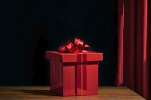 AI generated Red gift box with ribbon on wooden table and dark background photo