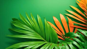 AI generated Tropical palm leaves on green background. Flat lay with copy space photo